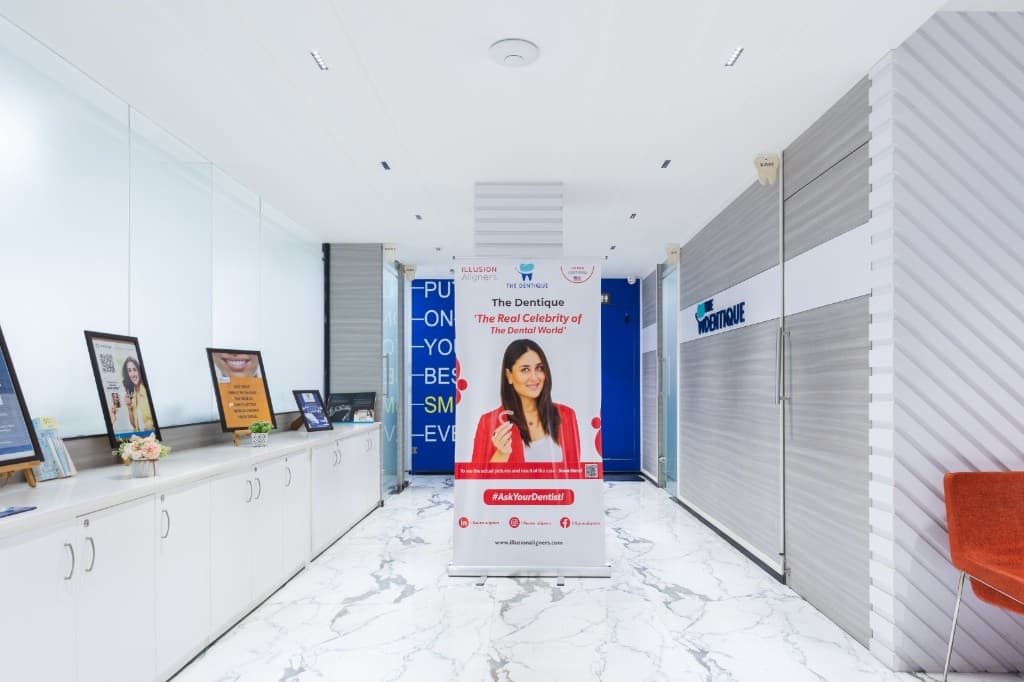 Clinic lobby and reception corridor at The Dentique Kolkata